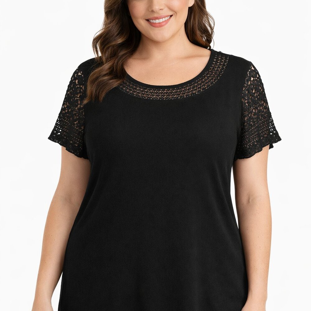 212 Brand Women's Black Shirt with Lace Trim Around Neck and Sleeves - L